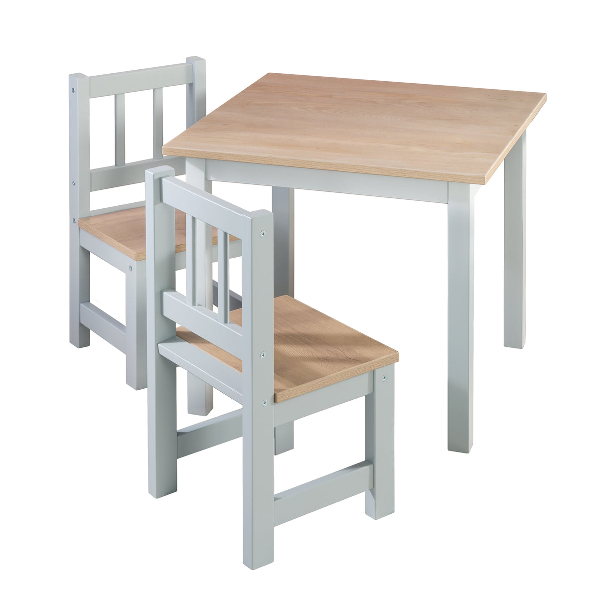 Kindersitzgruppe 'Woody' - 2 Stühle & 1 Tisch - Taupe lackiert - Holzdekor – Freisteller (1/19)