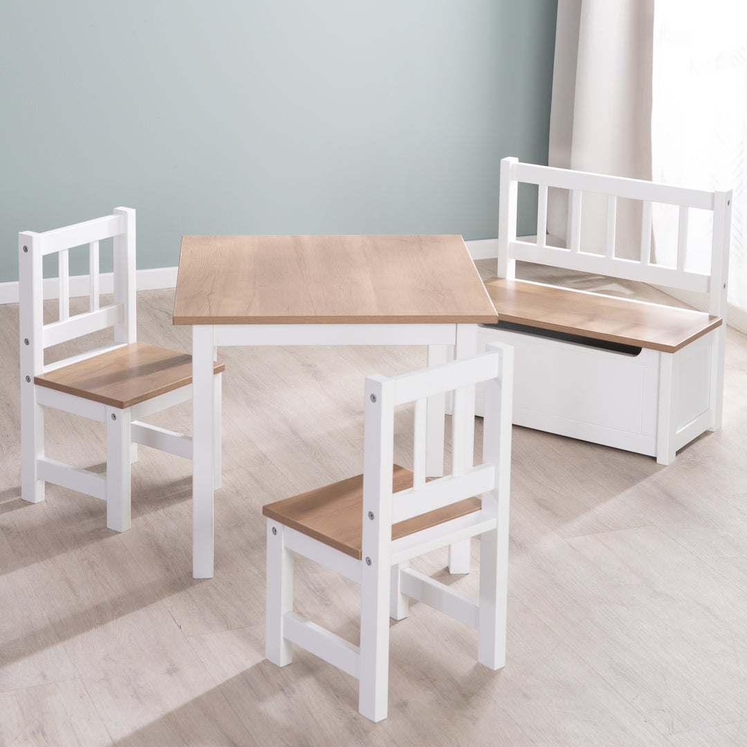 Children's Seating Set 'Woody' - 2 Chairs & 1 Table - White Lacquered - Wood-Effect Decor – Lifestyle Image (7/20)