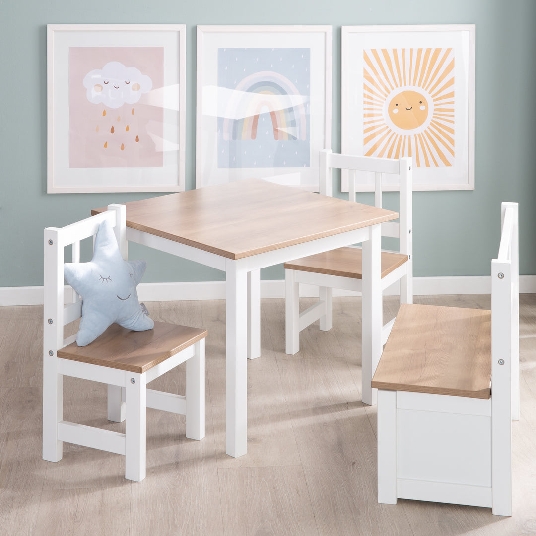 Children's Seating Set 'Woody' - 2 Chairs & 1 Table - White Lacquered - Wood-Effect Decor – Lifestyle Image (2/20)