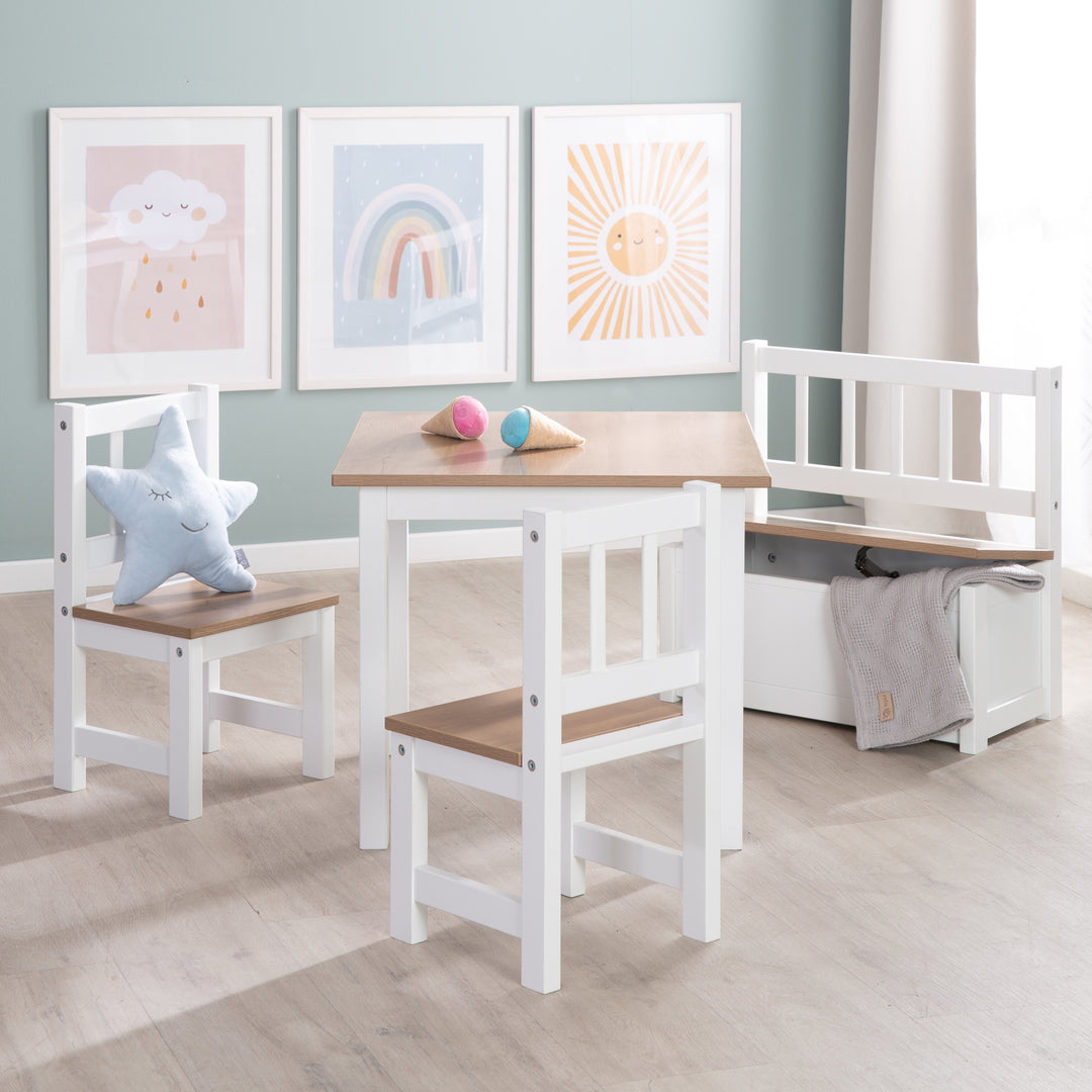 Children's Seating Set 'Woody' - 2 Chairs & 1 Table - White Lacquered - Wood-Effect Decor – Lifestyle Image (8/20)