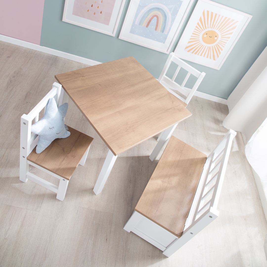 Children's Seating Set 'Woody' - 2 Chairs & 1 Table - White Lacquered - Wood-Effect Decor – Lifestyle Image (9/20)