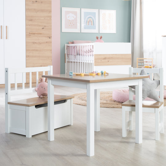 Children's Seating Set 'Woody' - 2 Chairs & 1 Table - White Lacquered - Wood-Effect Decor – Lifestyle Image (11/20)