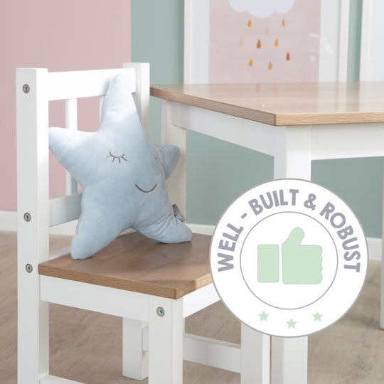 Children's Seating Set 'Woody' - 2 Chairs & 1 Table - White Lacquered - Wood-Effect Decor – Infographic (18/20)