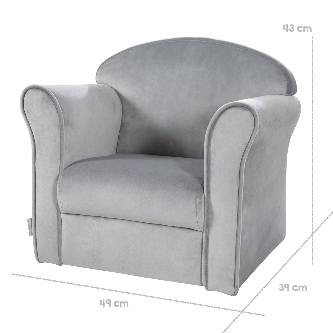 Kindersessel 'Lil Sofa' mit Armlehnen, bequemer Minisessel mit silbergrauem Samtstoff bezogen – Infografik (5/9)