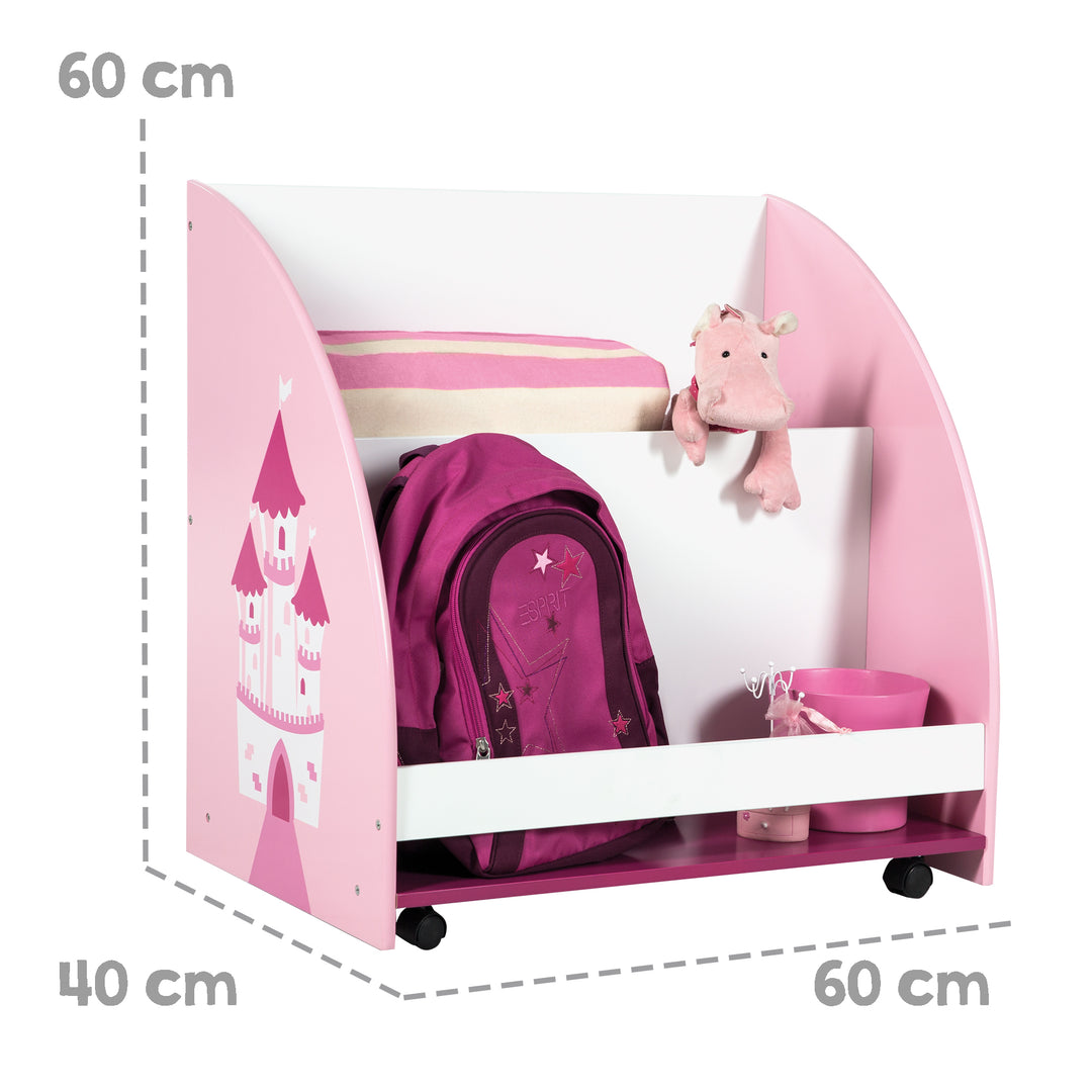 Kinderregal 'Krone', Spielregal fahrbar & drehbar mit Rollen, rosa / weiß – Infografik (2/6)