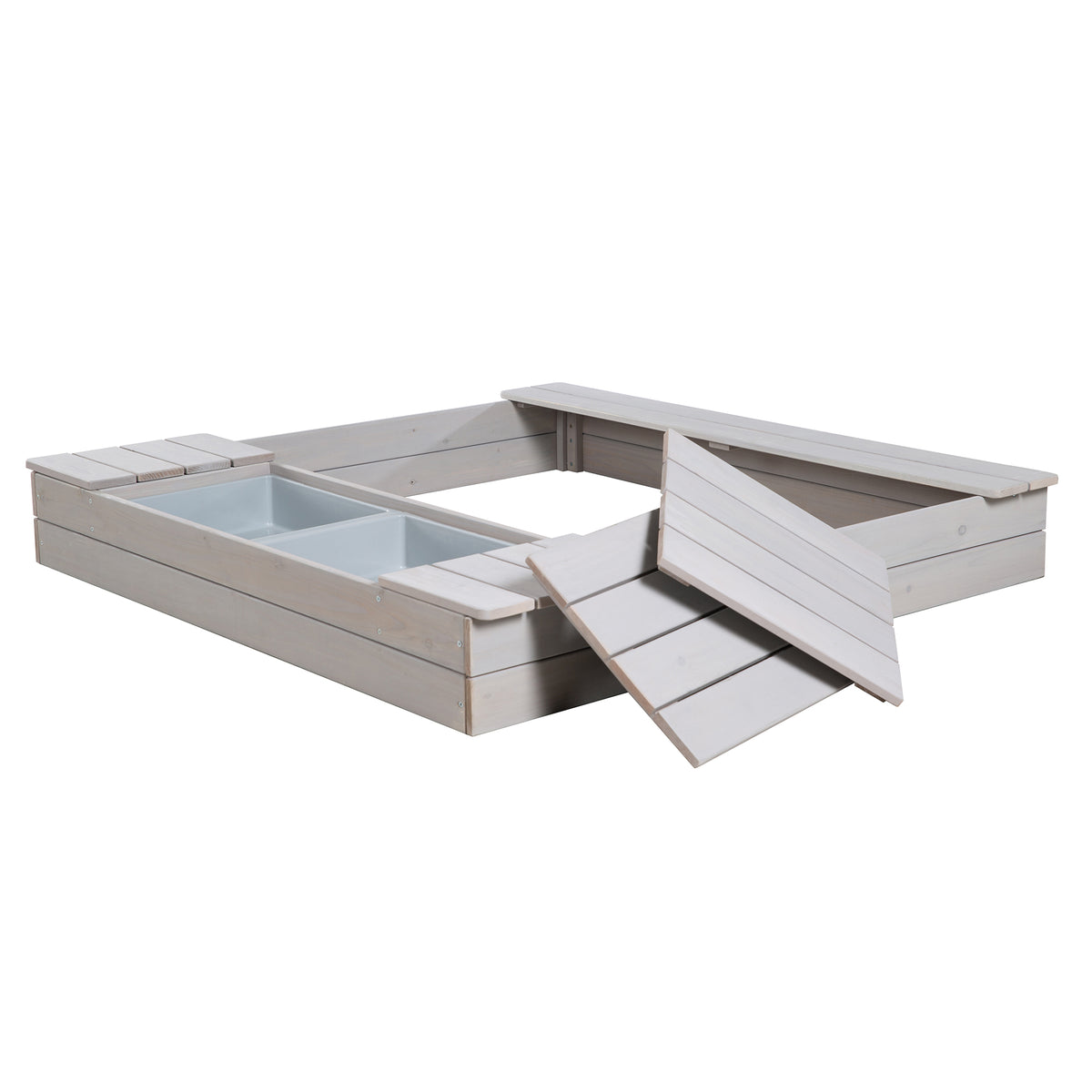 Sandbox 'Outdoor +' with 2 Play Tubs, Wooden Sandbox Made of Weatherproof Solid Wood, Grey Glazed – Cutout (1/11)