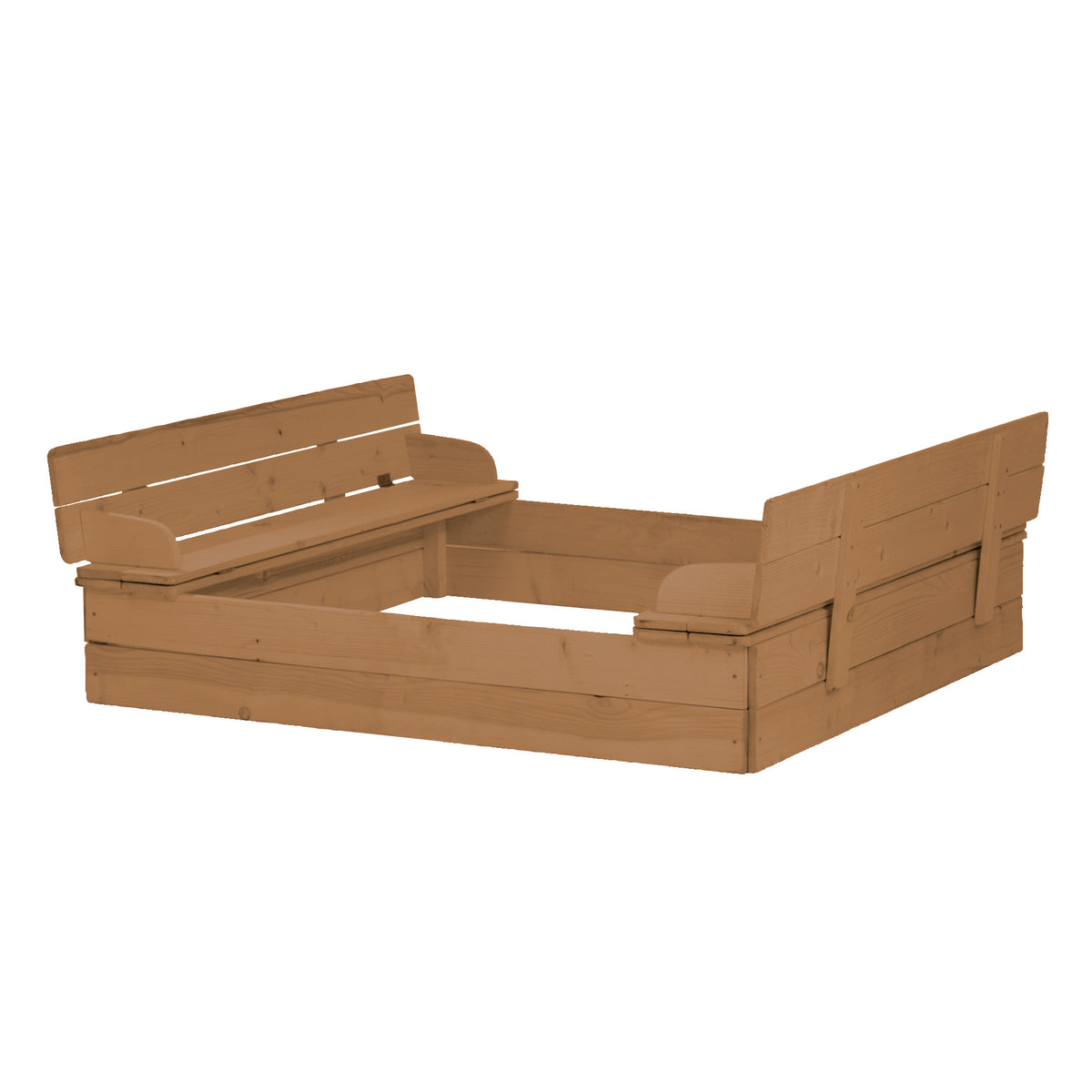 Bac à sable dépliable à 2 bancs, bois massif, résistant aux intempéries, couleur bois de teck, 21,5 x 127 x 123,5 cm – Photo du produit (1/6)
