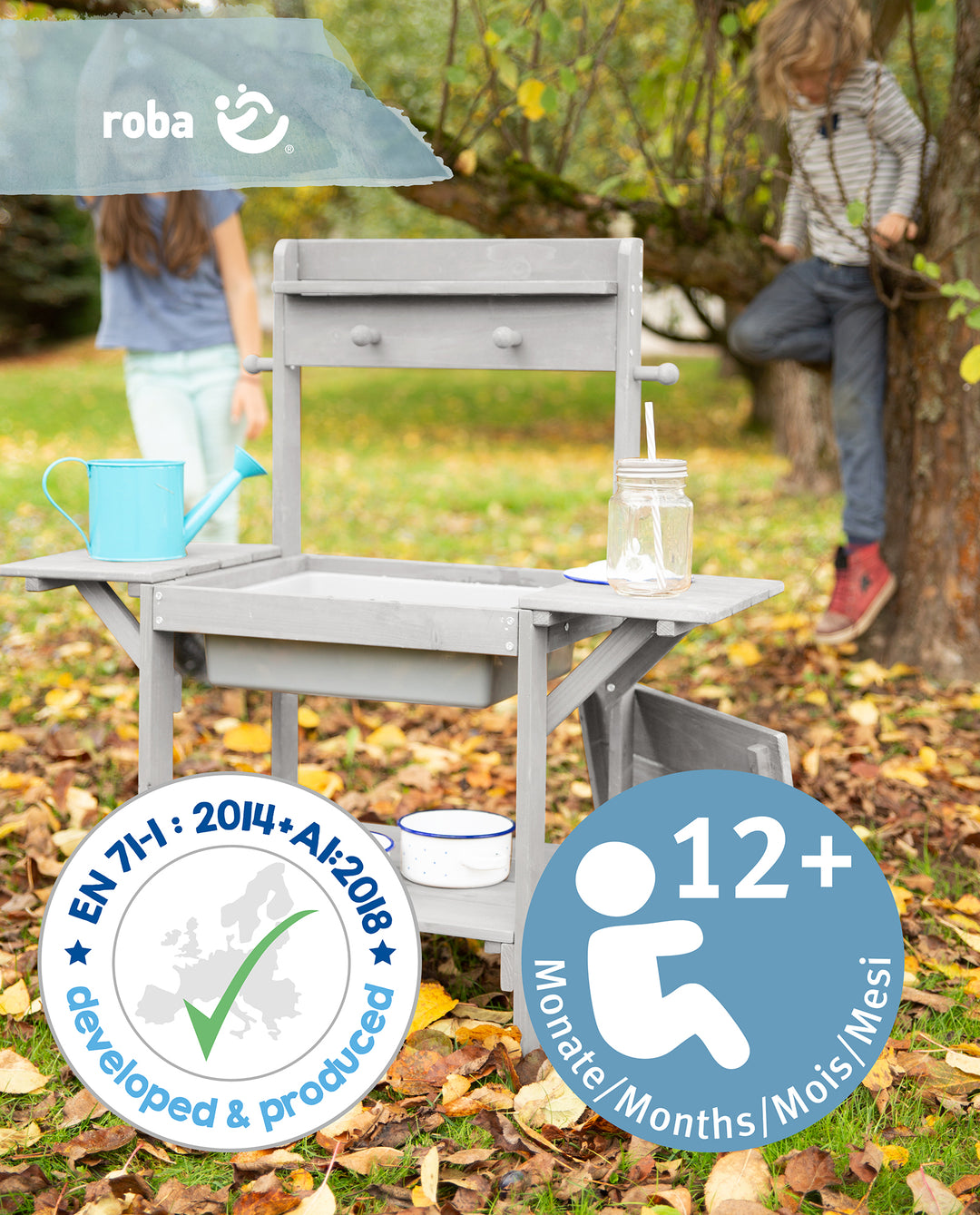 Cucina da esterno 'Midi' - Cucina da giardino per bambini per acqua & sabbia, resistente tutti intemperie legno massello grigio – Foto del prodotto (6/8)