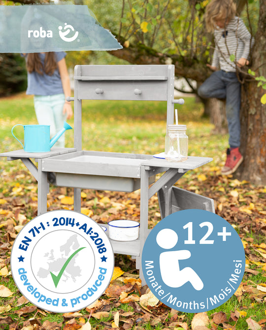 Cucina da esterno 'Midi' - Cucina da giardino per bambini per acqua & sabbia, resistente tutti intemperie legno massello grigio – Foto del prodotto (6/8)