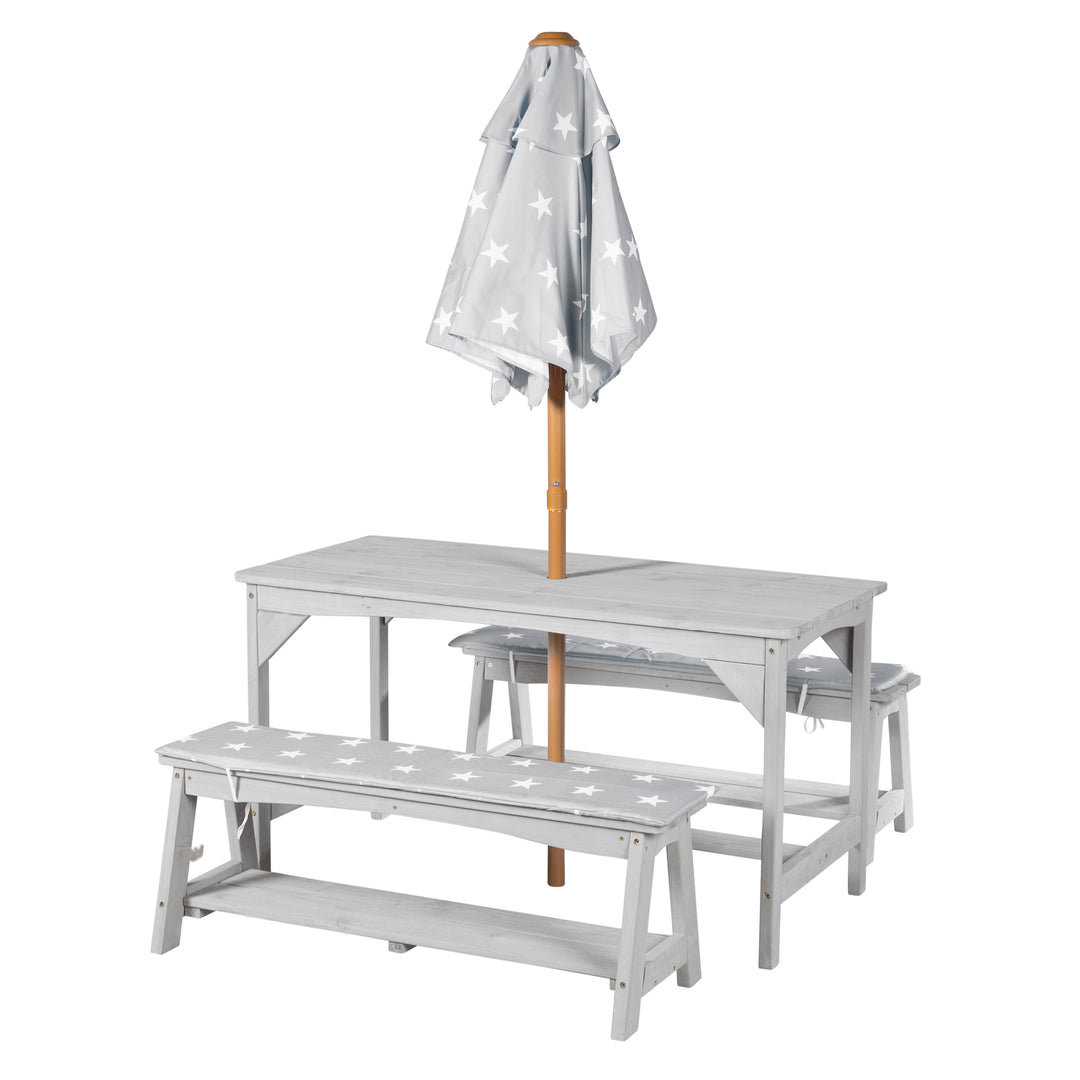 Ensemble table et chaises outdoor+ 1 table, 2 bancs, parasol & coussins d'assise 'Little Stars' - Gris – Détourage (7/16)