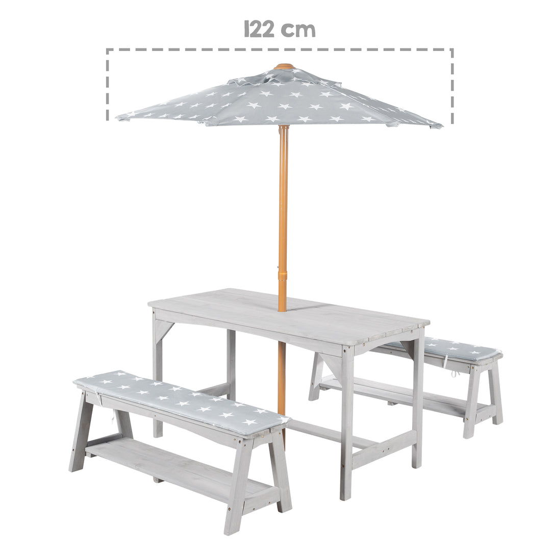 Ensemble table et chaises outdoor+ 1 table, 2 bancs, parasol & coussins d'assise 'Little Stars' - Gris – Infographie (11/16)