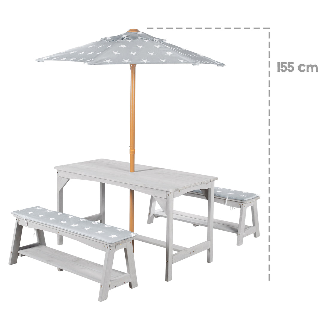 Ensemble table et chaises outdoor+ 1 table, 2 bancs, parasol & coussins d'assise 'Little Stars' - Gris – Infographie (12/16)