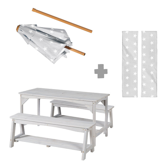 Ensemble table et chaises outdoor+ 1 table, 2 bancs, parasol & coussins d'assise 'Little Stars' - Gris – Infographie (16/16)