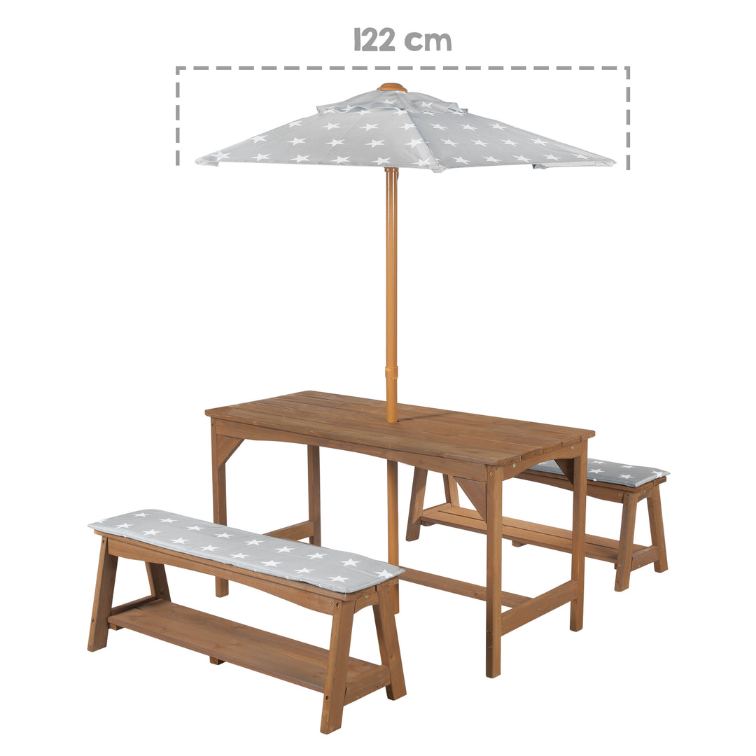 Sitzgruppe Outdoor+ 1 Tisch, 2 Bänke, Sonnenschirm & Sitzauflagen 'Little Stars' - Teak – Infografik (11/16)