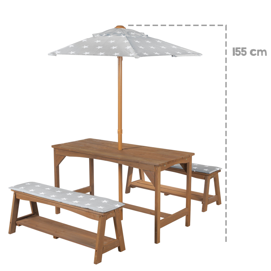 Sitzgruppe Outdoor+ 1 Tisch, 2 Bänke, Sonnenschirm & Sitzauflagen 'Little Stars' - Teak – Infografik (12/16)
