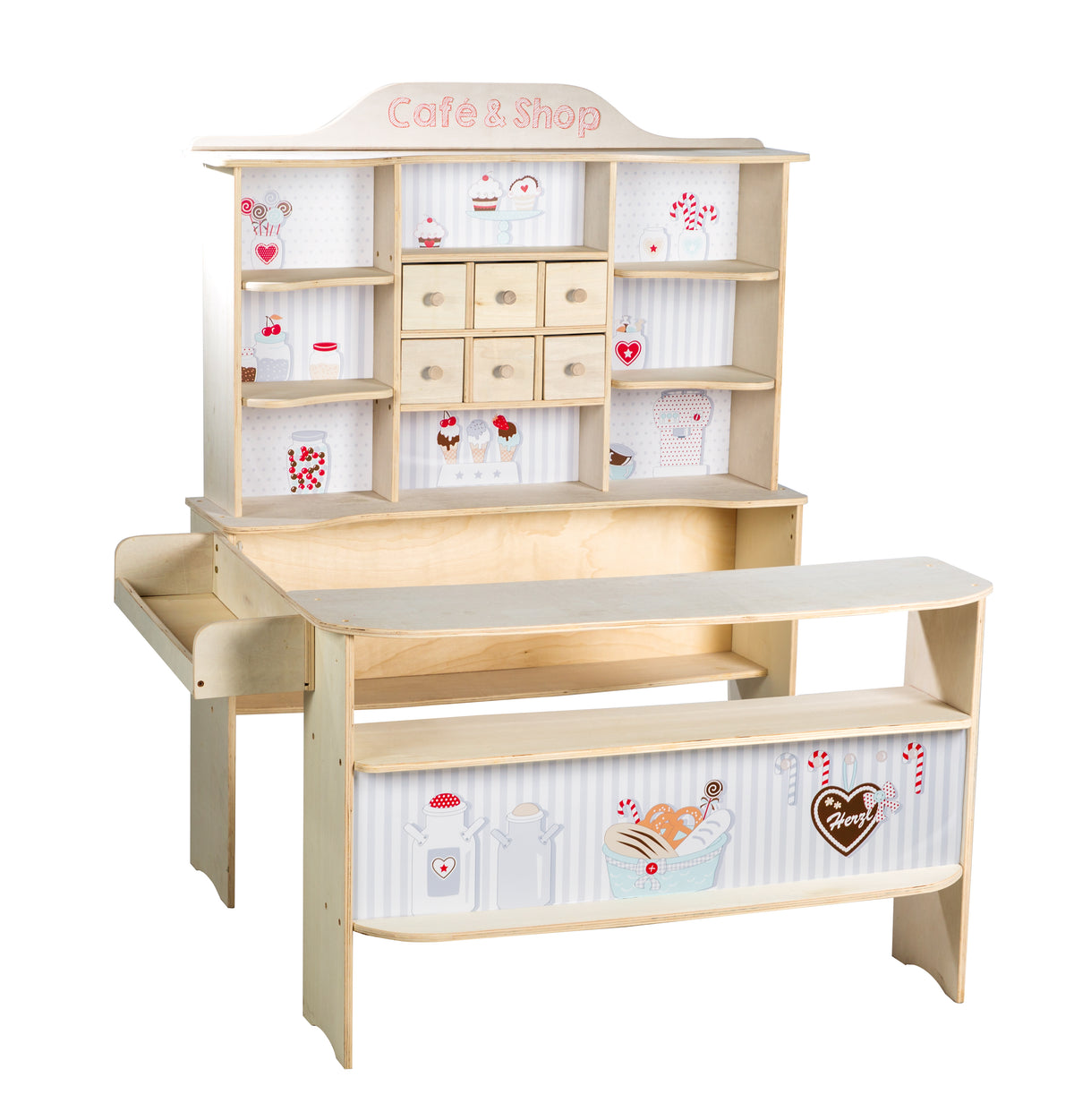 Kaufladen 'Café & Shop', Holz natur, 6 Schubladen, Seitentheke & Theke mit Bedruckung – Produktbild (1/7)