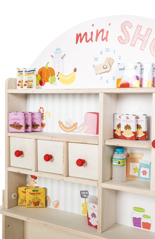 Kaufladen 'Minishop', Holz natur, mit Theke, Tafel, Schiebetür & Markststand-Druck – Produktbild (7/8)