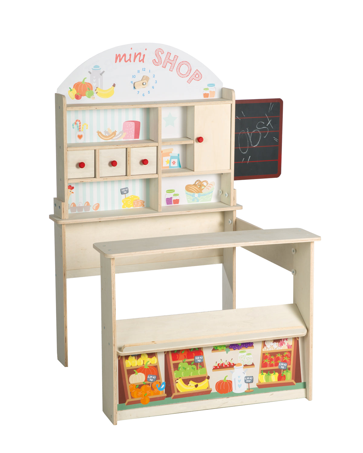 Kaufladen 'Minishop', Holz natur, mit Theke, Tafel, Schiebetür & Markststand-Druck – Produktbild (1/8)