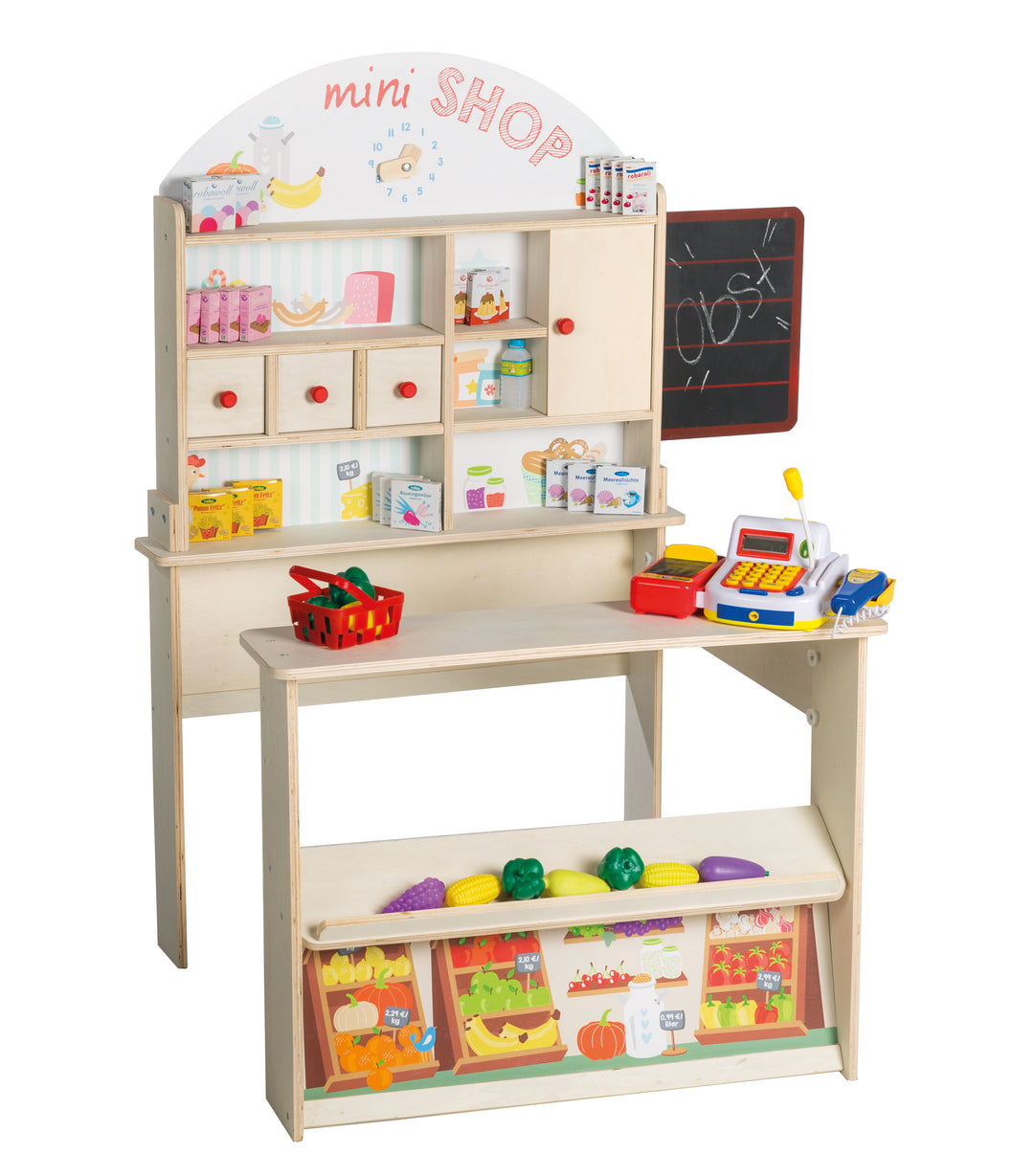 Kaufladen 'Minishop', Holz natur, mit Theke, Tafel, Schiebetür & Markststand-Druck – Produktbild (3/8)