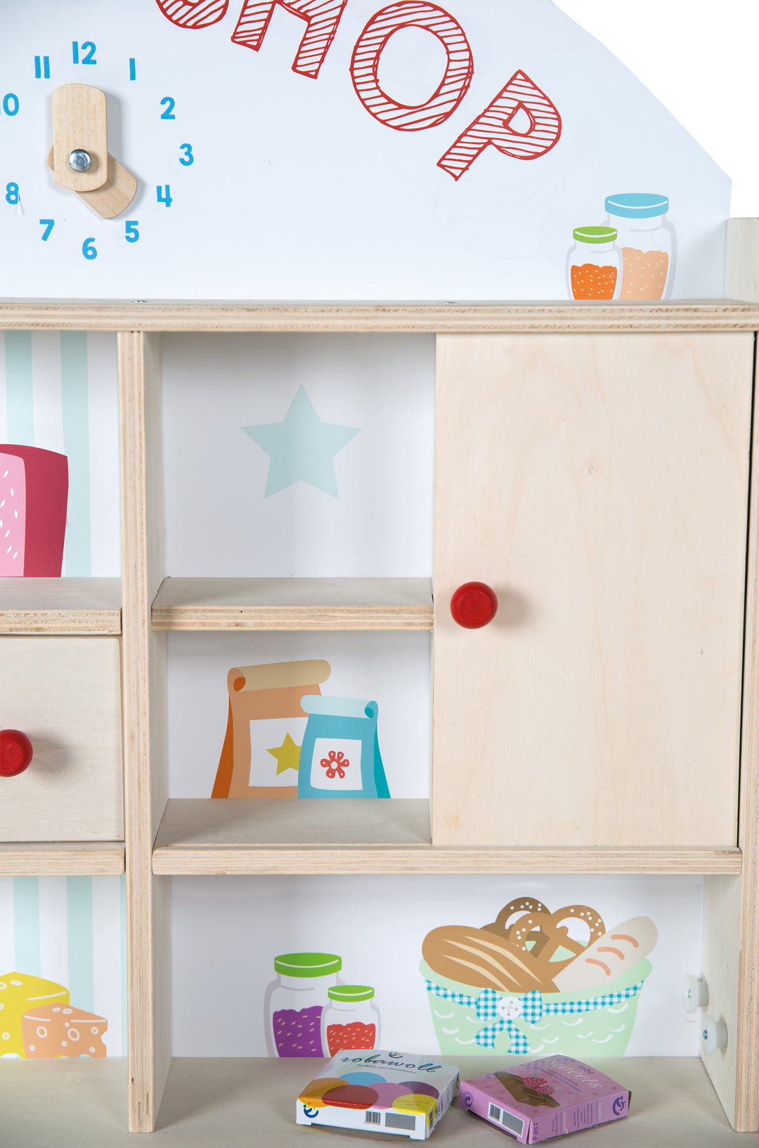 Kaufladen 'Minishop', Holz natur, mit Theke, Tafel, Schiebetür & Markststand-Druck – Produktbild (5/8)
