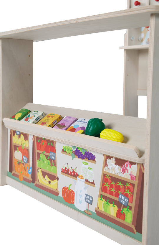 Kaufladen 'Minishop', Holz natur, mit Theke, Tafel, Schiebetür & Markststand-Druck – Produktbild (8/8)