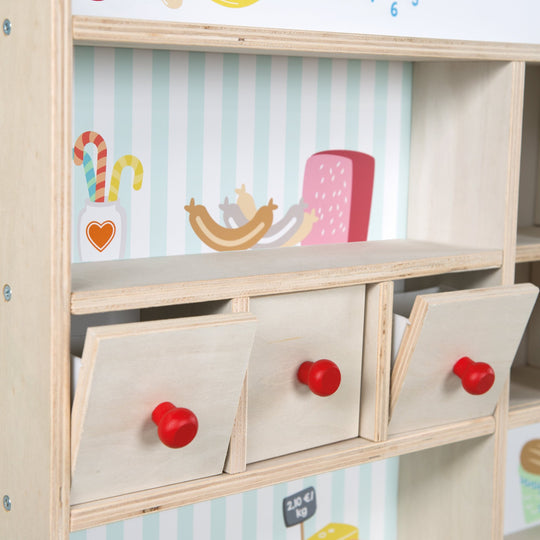 Kaufladen 'Minishop', Holz natur, mit Theke, Tafel, Schiebetür & Markststand-Druck – Produktbild (2/8)