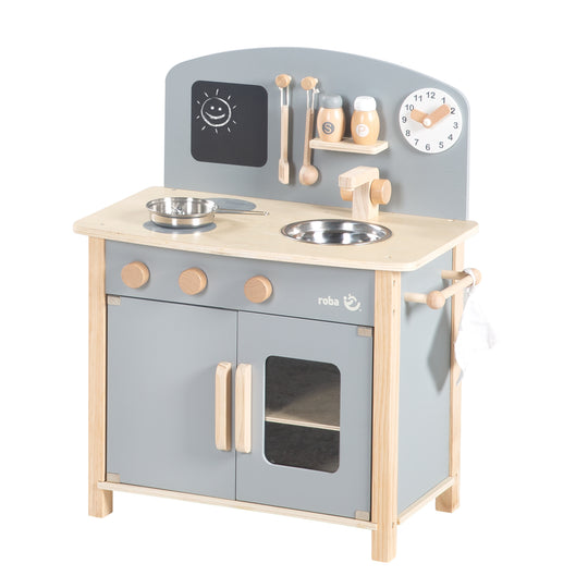 Cuisine enfant gris/naturel, avec 2 plaques de cuisson, évier, robinet & accessoires – Détourage (1/8)