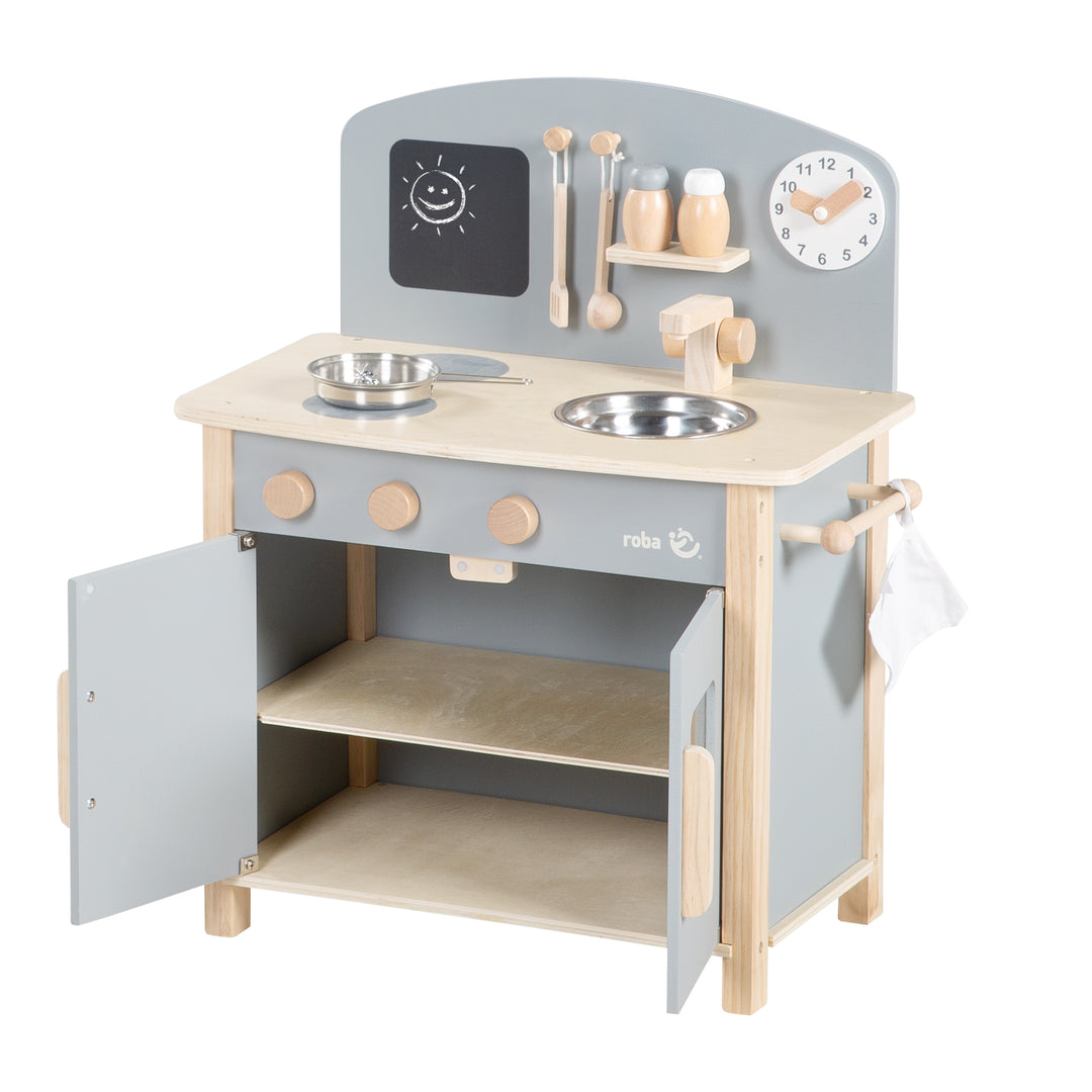 Cuisine enfant gris/naturel, avec 2 plaques de cuisson, évier, robinet & accessoires – Détourage (7/8)