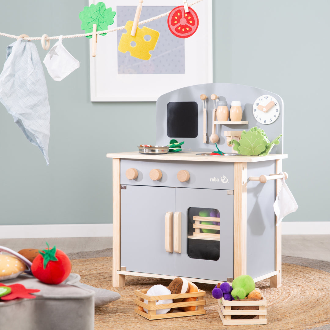 Cuisine enfant gris/naturel, avec 2 plaques de cuisson, évier, robinet & accessoires – Photo d'ambiance (8/8)