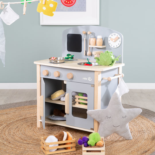 Cuisine enfant gris/naturel, avec 2 plaques de cuisson, évier, robinet & accessoires – Photo d'ambiance (6/8)