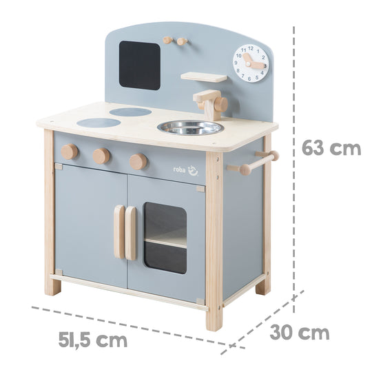 Cuisine enfant gris/naturel, avec 2 plaques de cuisson, évier, robinet & accessoires – Infographie (4/8)