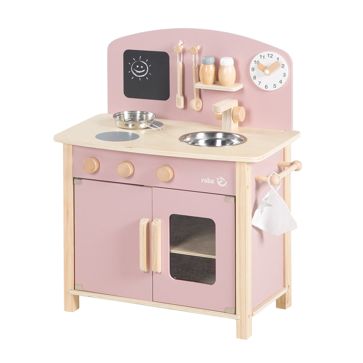 Cuisine enfant blanc/naturel/rose avec 2 plaques de cuisson, évier, robinet & accessoires – Détourage (1/11)