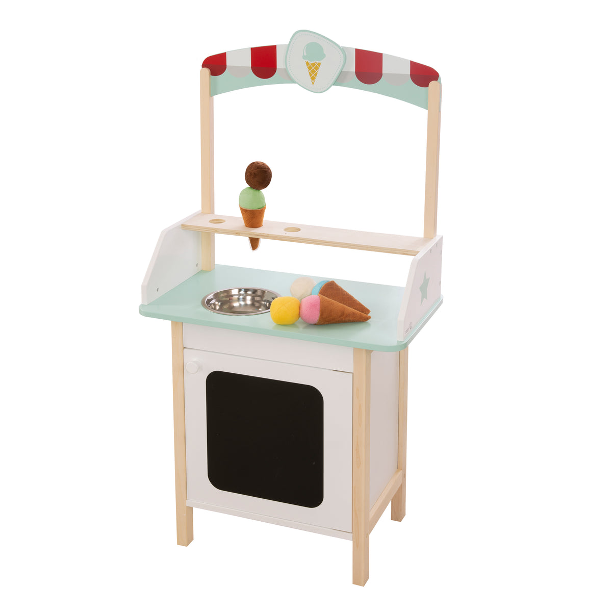 Ice-Cream Stand Made of Wood, with Accessories, 3 Fabric Ice-Cream Cones, 6 Fabric Ice-Cream Scoops Made of Plush, from 3 Years – Product Image (1/13)