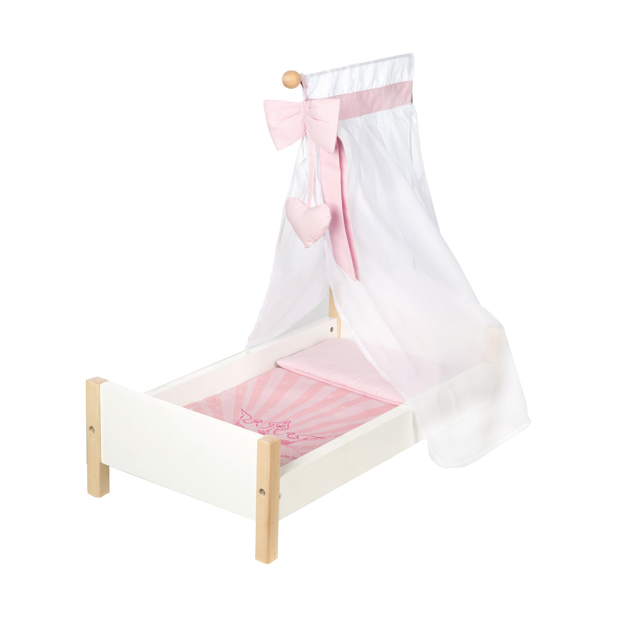 Cama para muñecas 'Scarlett', blanco lacado, con equipamiento textil, ropa de cama & dosel rosa – Recorte (1/5)