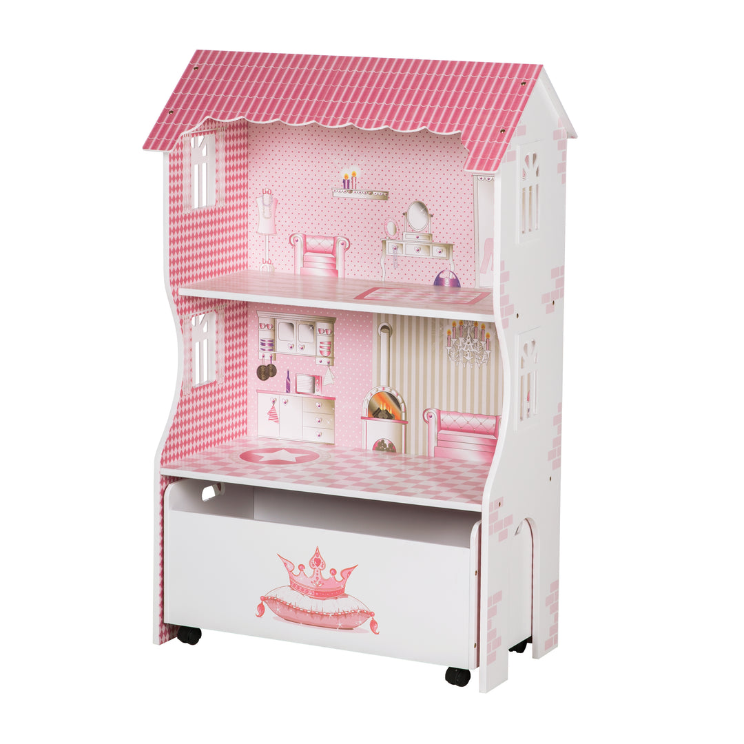 Puppenhaus & Spielregal inkl. Aufbewahrungsbox für Spielzeug, rosa/weiß – Produktbild (1/8)