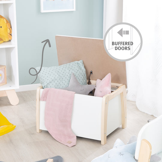 Kinder- & Spielzeugtruhe aus Massivholz, bicolor, inklusive Dämpfungsbeschlag – Infografik (7/8)