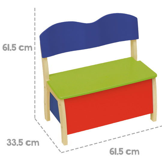 Kindertruhenbank, aus Massivholz und MDF gefertigt, Rücken- & Sitzfläche mehrfarbig lackiert – Infografik (3/4)