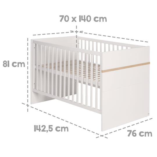 Lettino combinato 'Pia', 70 x 140 cm, bianco, regolabile in altezza/ trasformabile, 3 sbarre removibili, – Infografica (4/7)