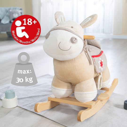 Rocking Horse, Rocking Animal Made of Wood with Fabric-Polsterung, with Stirrups, from 18 Months – Lifestyle Image (6/7)