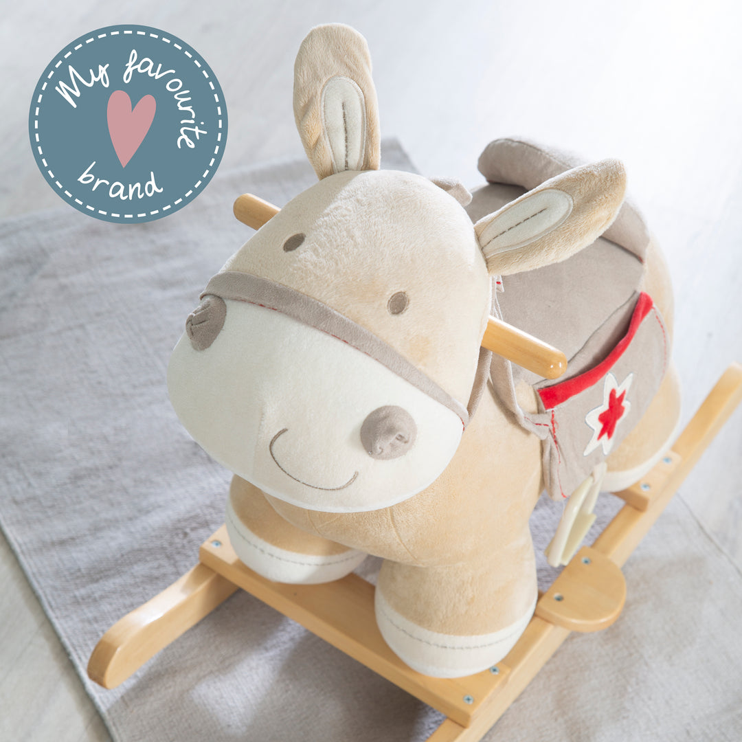 Rocking Horse, Rocking Animal Made of Wood with Fabric-Polsterung, with Stirrups, from 18 Months – Lifestyle Image (7/7)