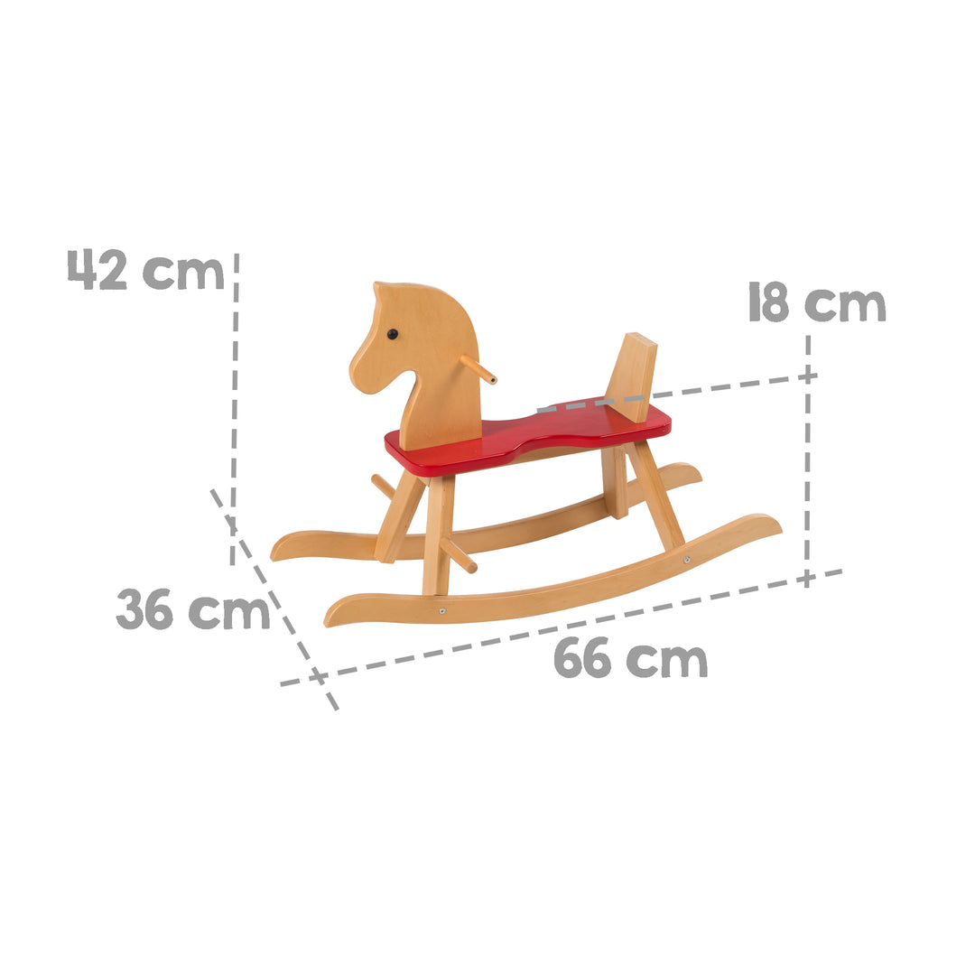 Caballito balancín de madera maciza, natural-rojo, que crece con el niño gracias a extraíble anillo de protección – Infografía (5/11)