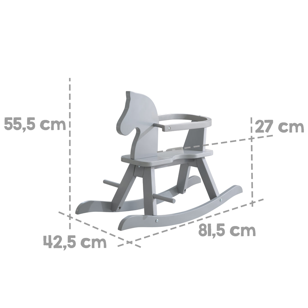 Schaukelpferd aus Massivholz, grau lackiert, mitwachsend durch abnehmbaren Schutzring – Infografik (5/9)