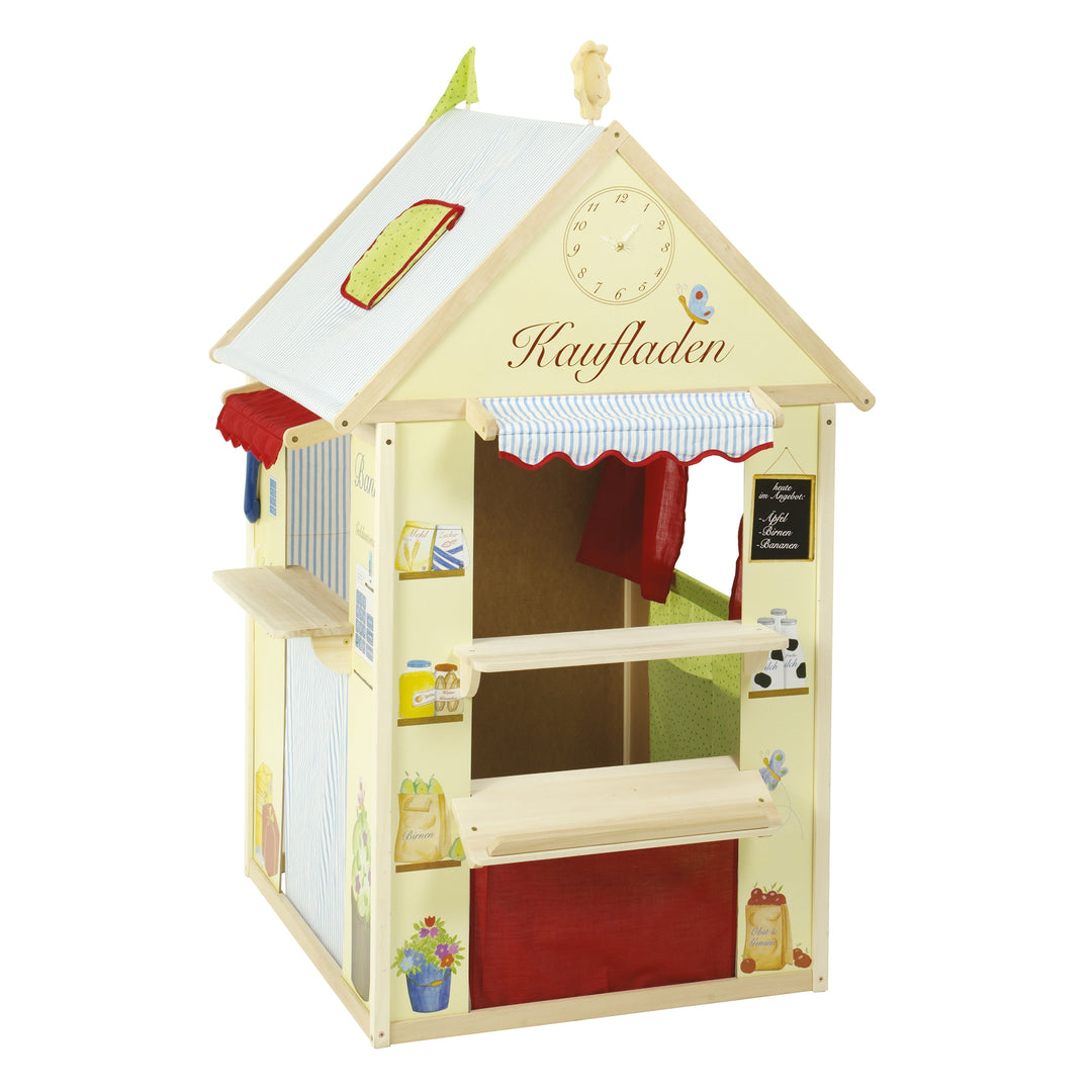Spielhaus-Kombination 4-seitig - Kaufladen, Kaspertheater, Kiosk, Bank & Post - Mehrfarbig – Produktbild (1/6)