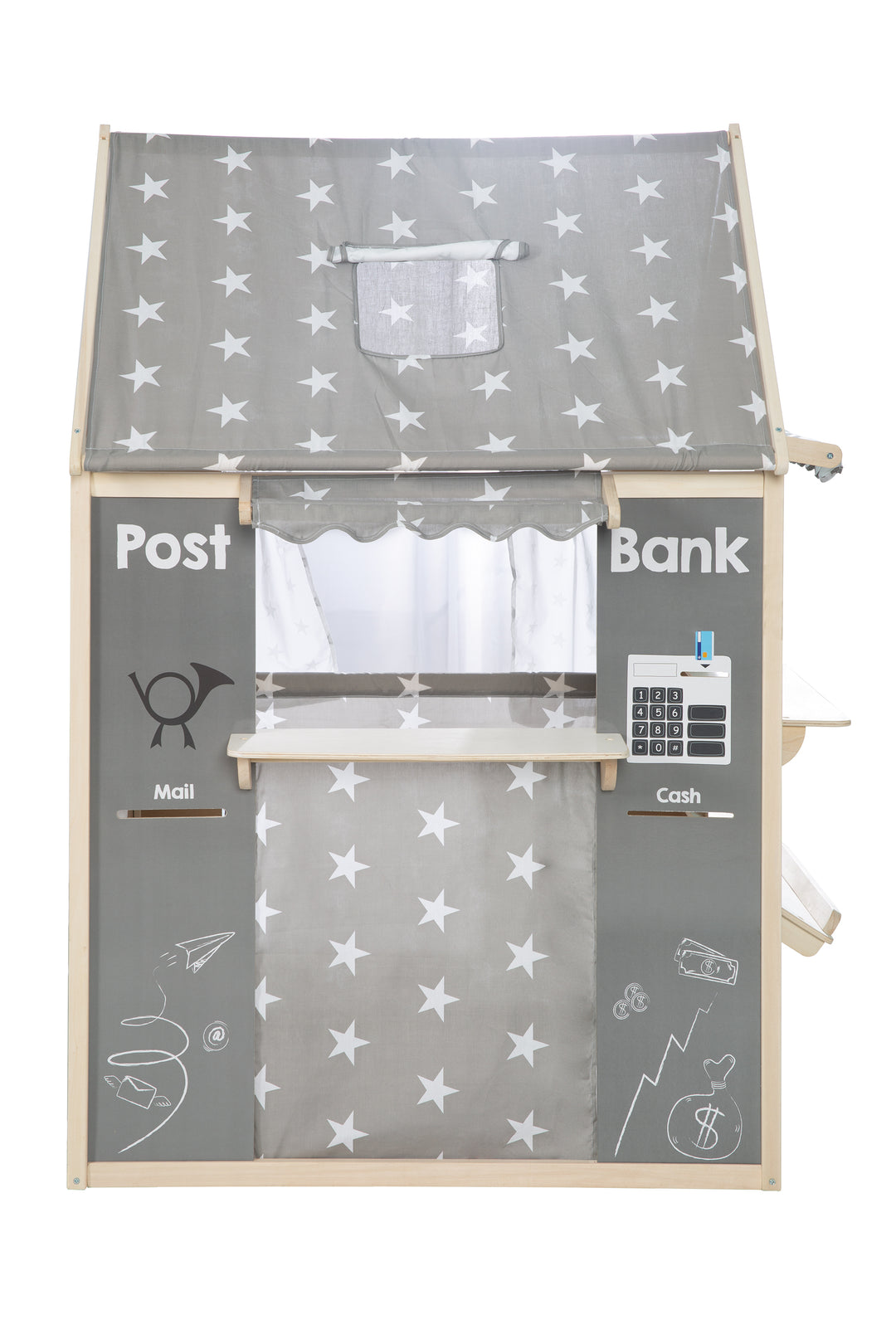 Spielhaus-Kombination, enthält Kaufladen, Kasperletheater, Tafel, Schalter für Post/Bank/Kiosk – Freisteller (6/12)