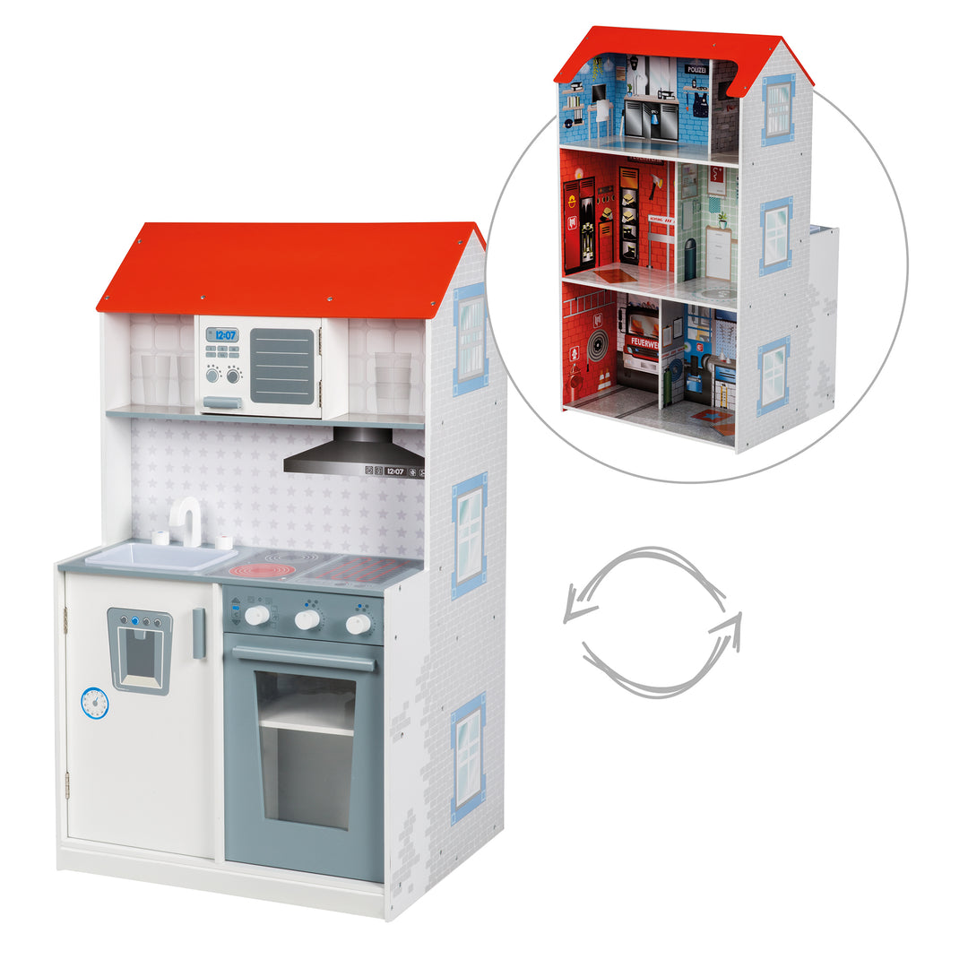 2in1 Puppenhaus & Kinderküche, großes Spielhaus für Jungs und Spielküche in einem – Freisteller (1/2)