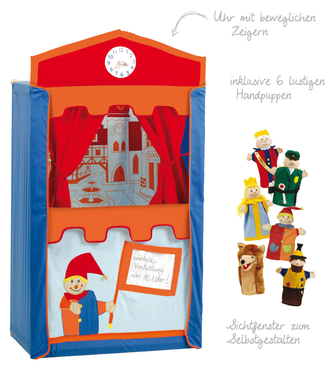 Kasperletheater inkl. 6 Handpuppen, Kaspertheater aus Massivholz, Puppentheater freistehend – Produktbild (3/10)
