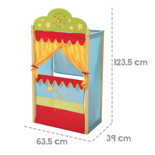 Kasperletheater, Puppentheater mit Uhr, Stand-Kaspertheater aus Massivholz mit Stoffbespannung – Infografik (4/4)