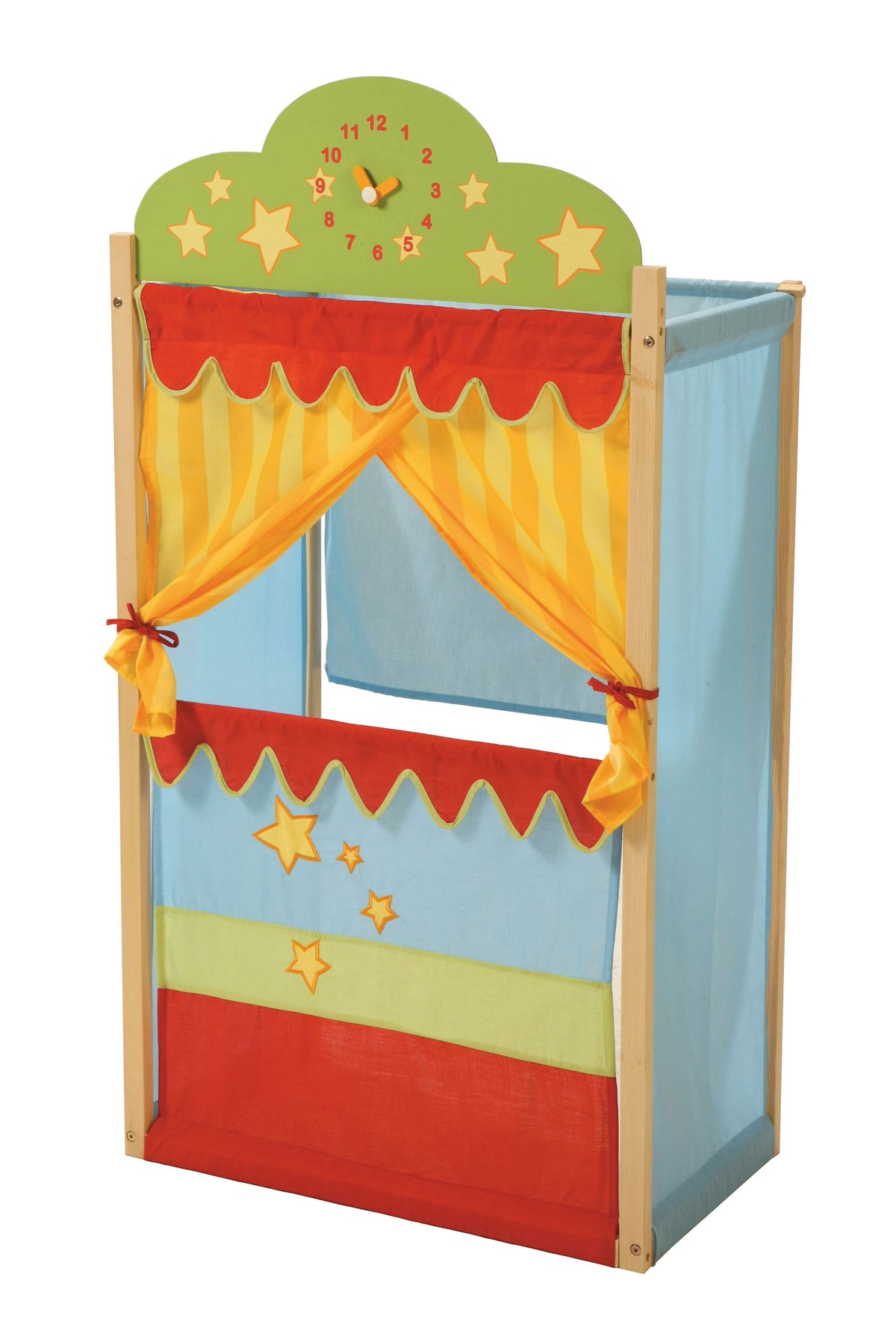 Kasperletheater, Puppentheater mit Uhr, Stand-Kaspertheater aus Massivholz mit Stoffbespannung – Produktbild (1/4)