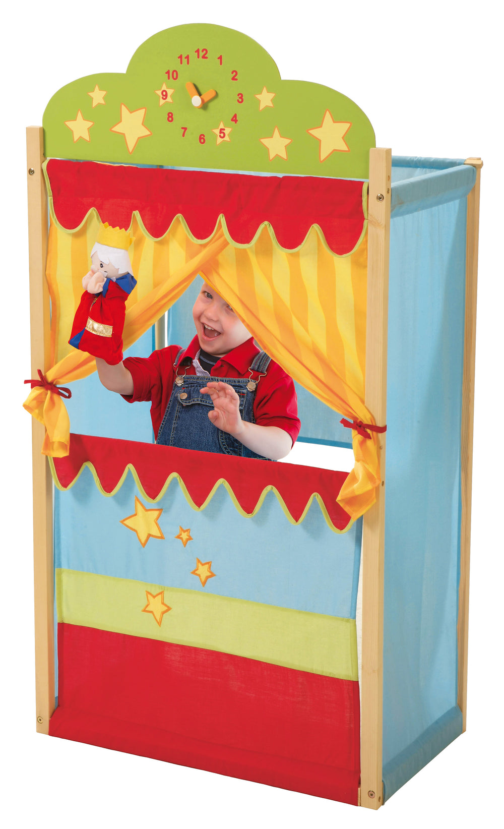 Kasperletheater, Puppentheater mit Uhr, Stand-Kaspertheater aus Massivholz mit Stoffbespannung – Produktbild (2/4)
