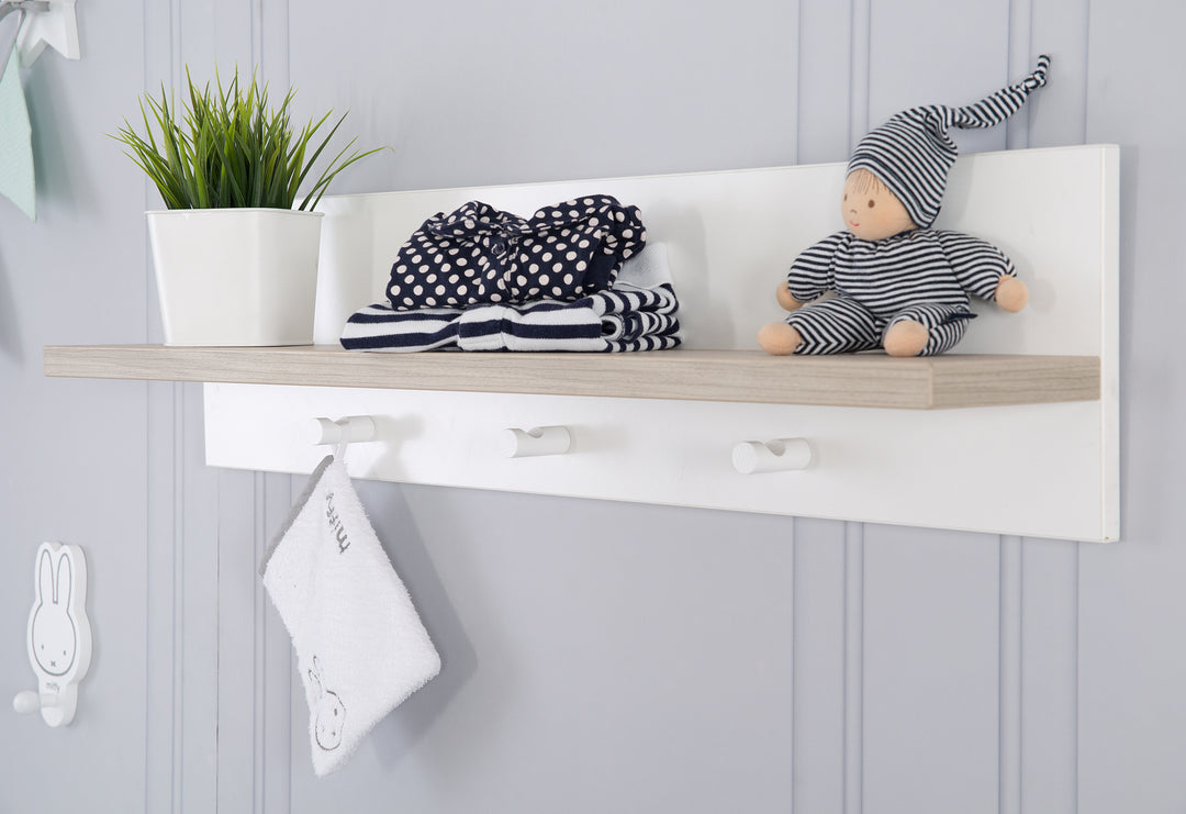 Universal-Wandgarderobe 'Moritz', mit Garderobenhaken und Ablage, weiß/Luna Elm – Milieubild (2/5)